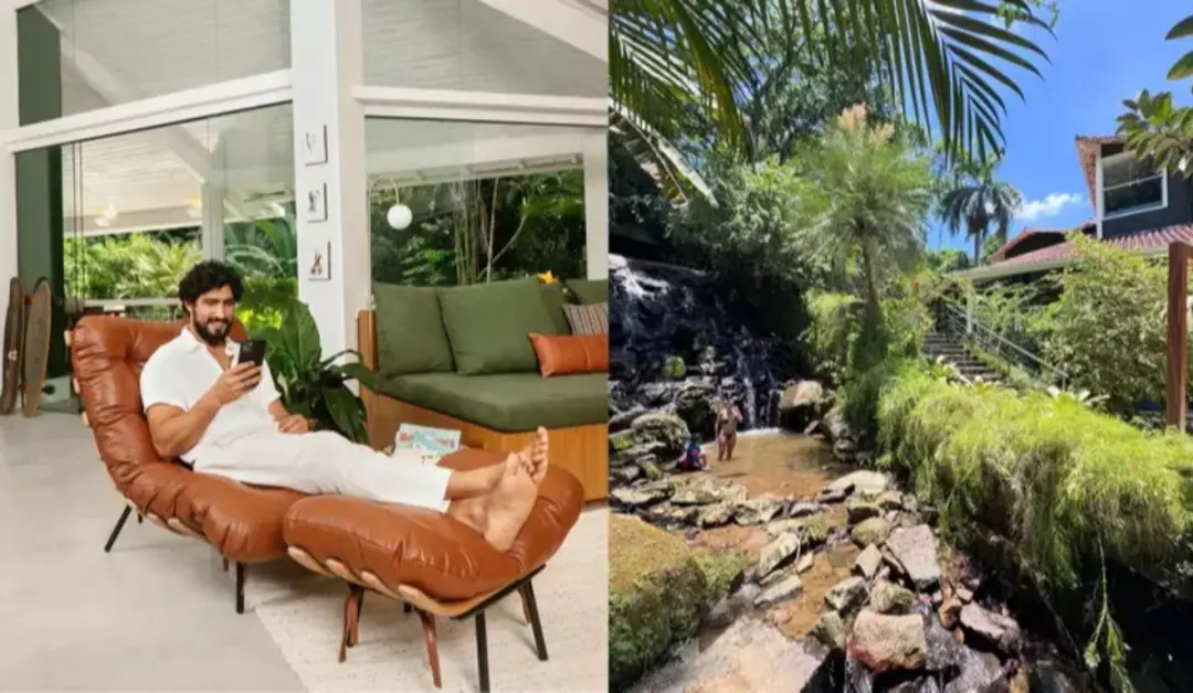 Renato Góes e Thaila Ayala têm uma mansão de 500 m2 no Itanhangá, Rio de Janeiro, com cachoeira no jardim. Essa integra…