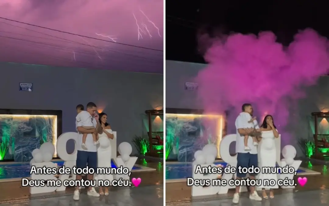 Goiânia, um raio iluminou o céu de rosa durante um chá revelação. A mãe Larissa Duarte disse que Deus a contou no céu. …