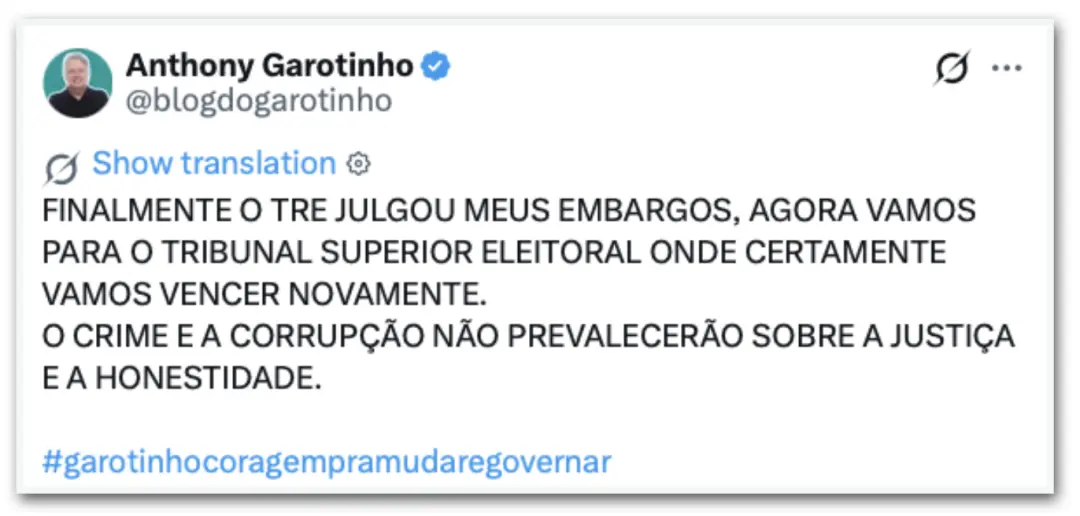 TRE-RJ manteve o indeferimento da candidatura de Anthony Garotinho a governador por suspensão dos direitos políticos. O…