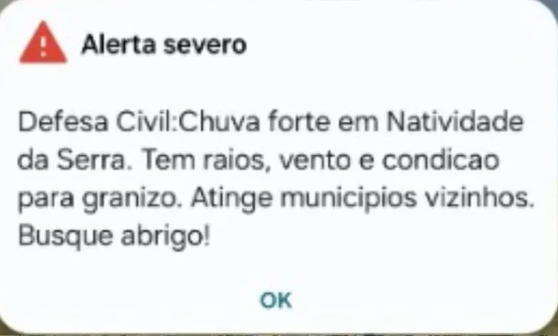 Alerta severo da Defesa Civil para Natividade da Serra avisou sobre risco de chuva forte, raios, vento e granizo. É um …