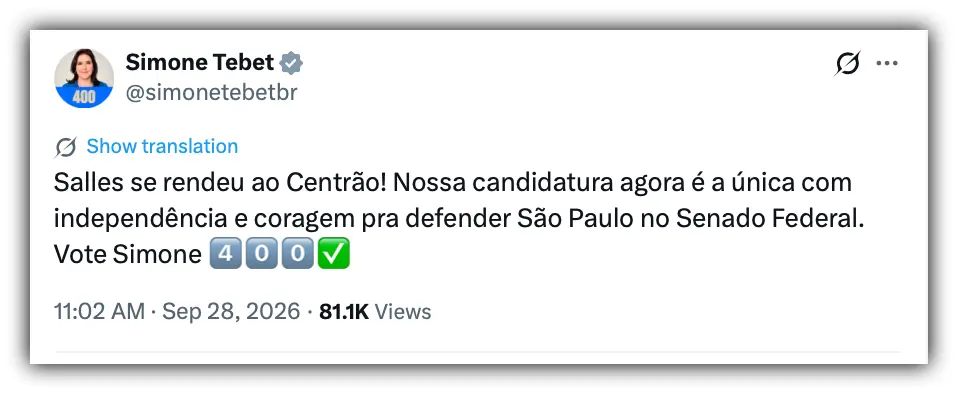 Eduardo Bolsonaro acusou Simone Tebet de se prostituir por cargo, após ela dizer que Ricardo Salles se rendeu ao Centrã…