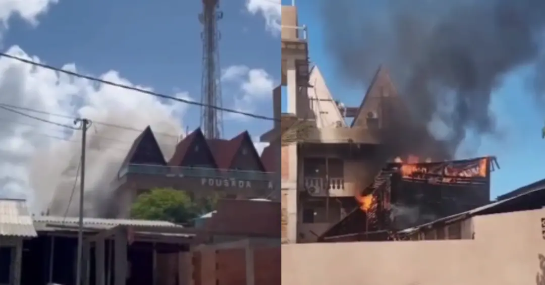 Incêndio atingiu pousada na praia de Ajuruteua, em Bragança, no Pará. O fogo avançou rápido, ajudado pelo vento, e mora…
