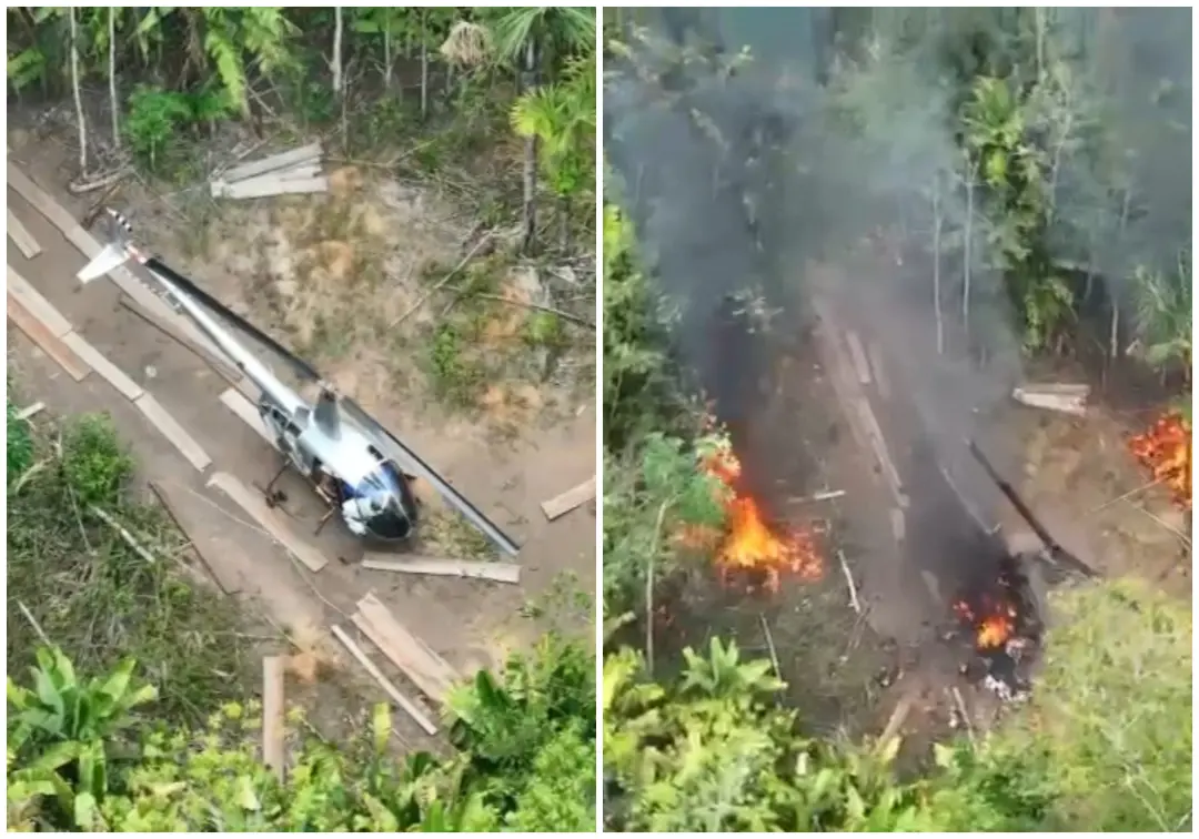 Helicóptero usado no garimpo ilegal em Mucajaí, Sul de Roraima, foi destruído após ser encontrado em uma oficina clande…