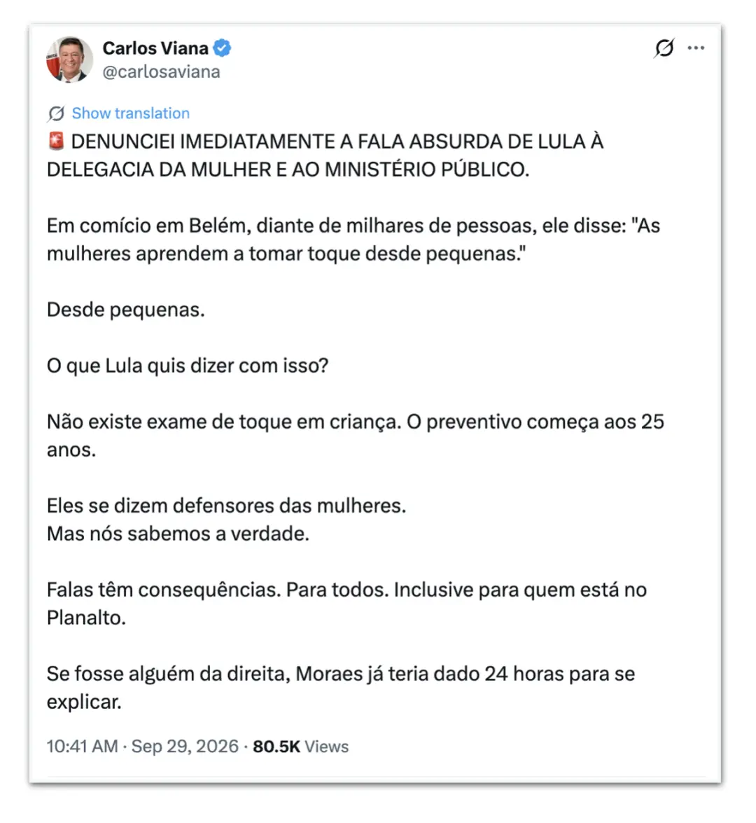 Carlos Viana enviou uma ação à PCDF pedindo registro de declarações de Lula sobre mulheres e toque. A fala dele, feita …