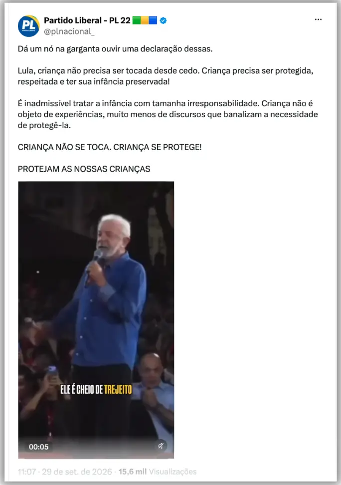PL criticou fala de Lula em comício em Belém sobre mulheres tomarem toque desde cedo. O partido considerou a declaração…
