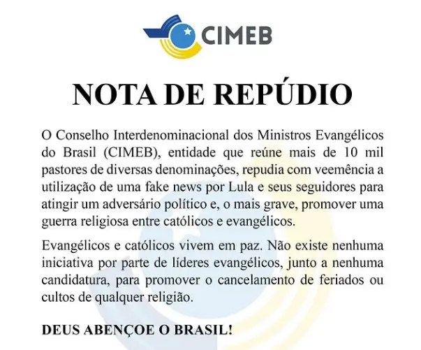 Cimeb, conselho de mais de 10 mil pastores, repudiou uso de fake news por Lula sobre Nossa Senhora Aparecida. Afirmaram…