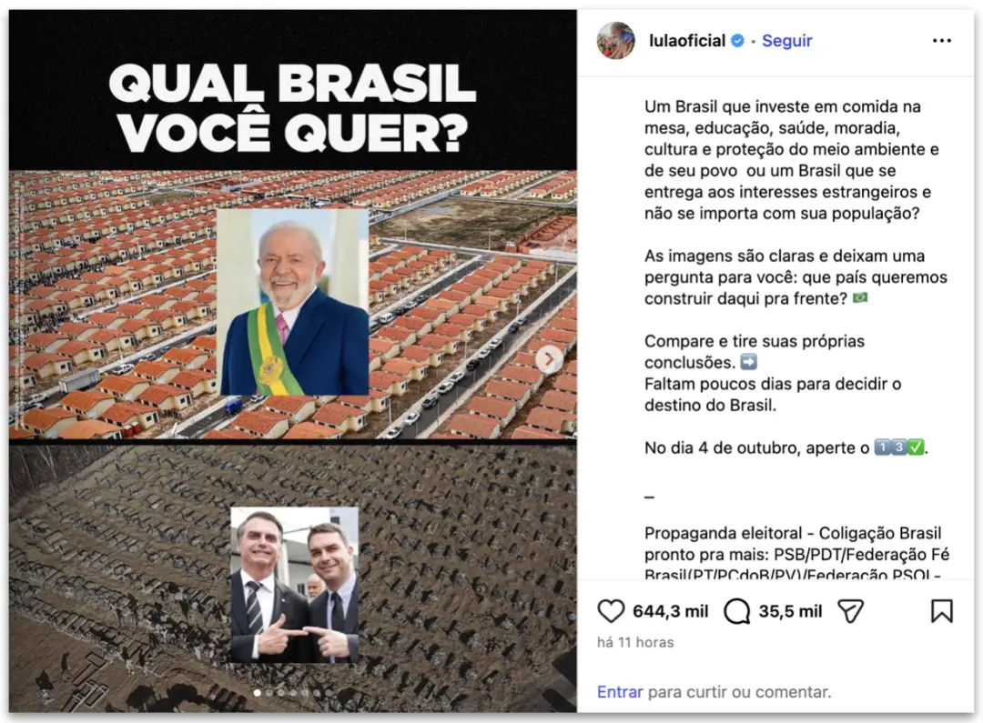 Lula usou montagens para comparar seu governo com uma possível gestão de Flávio Bolsonaro. A comparação traça contraste…