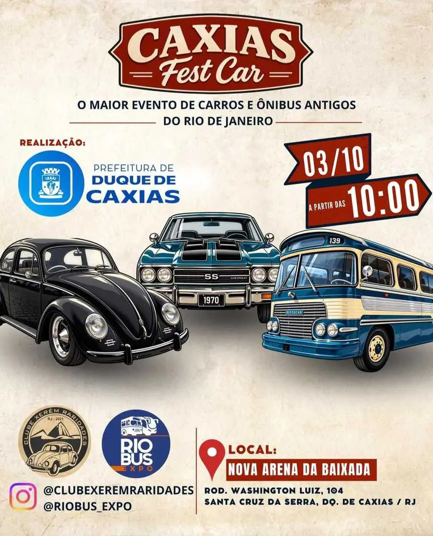 3 de outubro, Caxias Fest Car vai juntar carros e ônibus antigos na Nova Arena da Baixada. É legal ver a história do tr…
