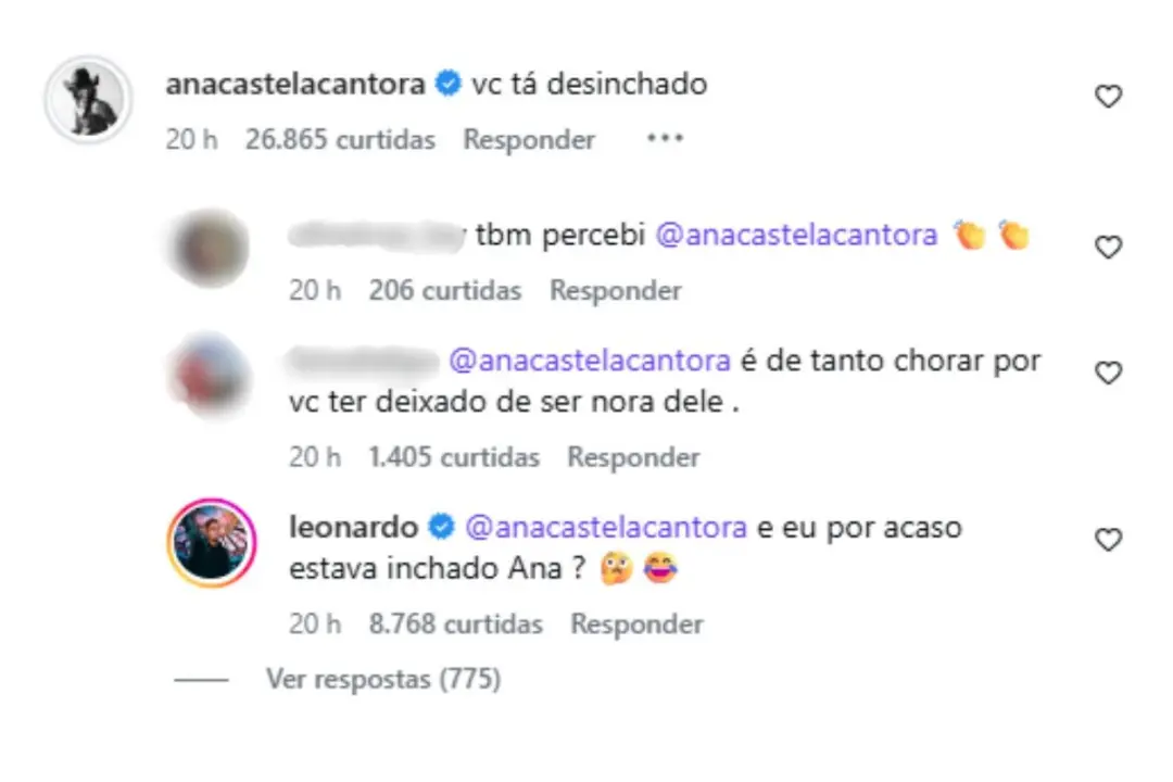 Ana Castela brincou com Leonardo sobre ele estar desinchado após detox de álcool. É bom ver gente cuidando da saúde, me…