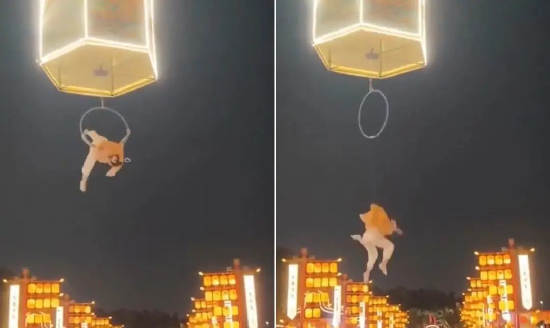 Três metros de altura. Uma artista caiu em Guangzhou durante apresentação aérea no parque turístico. A fratura na perna…