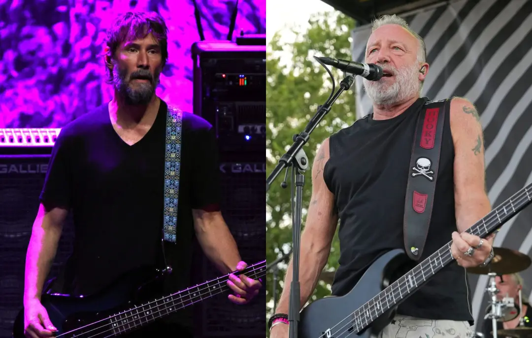 Keanu Reeves, ao apresentar Peter Hook & The Light no Warfield, em São Francisco, foi visto tocando junto em Love Will …