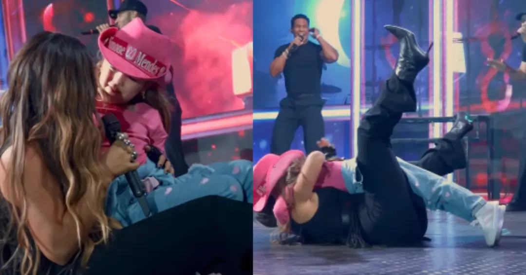 Simone Mendes caiu no palco durante show ao receber abraço de uma fã mirim. O impulso do abraço tirou o equilíbrio da c…