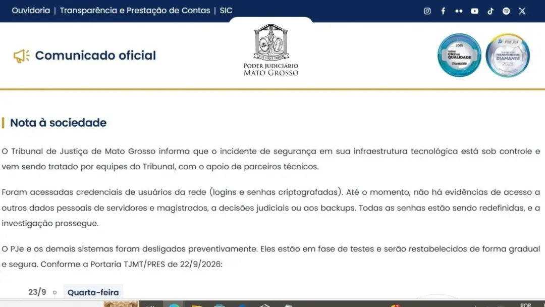 Tribunal de Justiça de Mato Grosso com sistemas fora do ar desde segunda, com suspensão de prazos até quarta. O inciden…