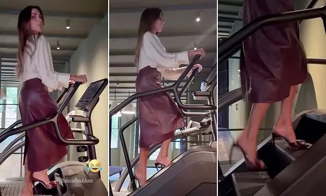 Victoria Beckham no Stairmaster com salto de quatro polegadas antes do show em Paris. É uma imagem que mistura o esforç…