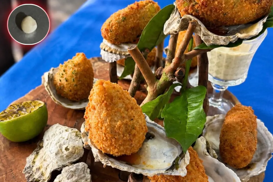 Coxinha de ostra exótica defumada com queijo e catupiry teve uma pérola escondida em Cananéia, litoral de São Paulo. Cu…