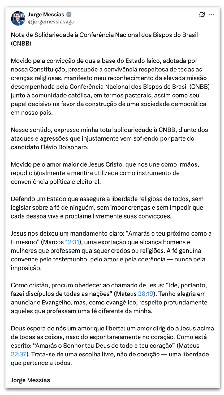 Jorge Messias defendeu a CNBB após críticas do Flávio Bolsonaro em um comício em Goiânia. A posição dele é de solidarie…