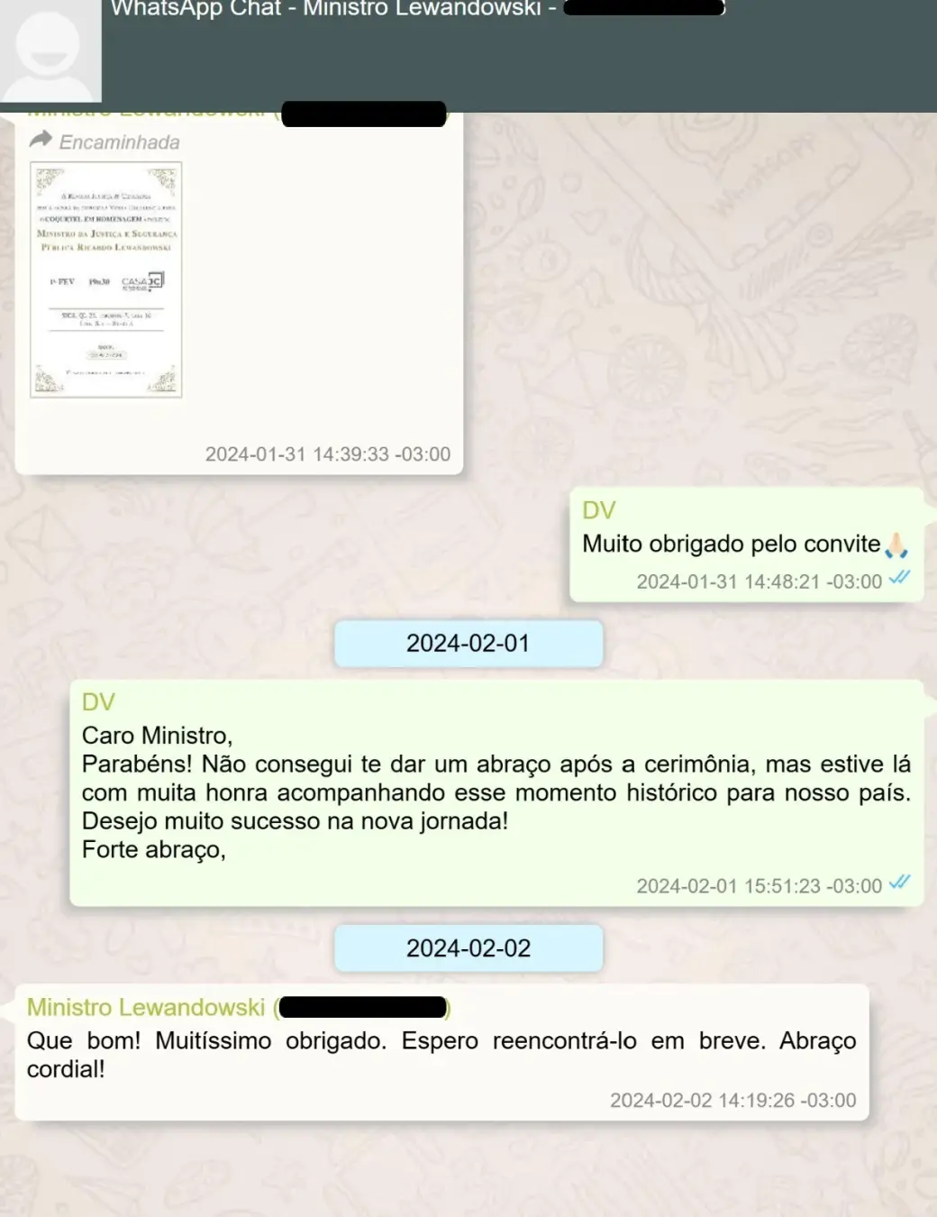 Lewandowski convidou Vorcaro para a posse no Ministério da Justiça em 1º de fevereiro de 2024, conforme mensagens do ce…