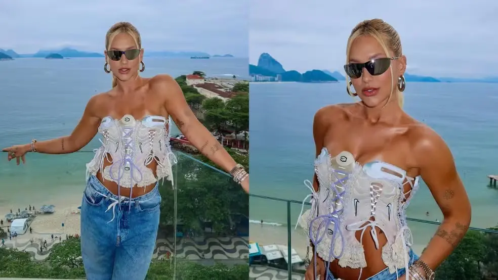 Virginia Fonseca vestiu um corset customizado com chuteiras para o primeiro jogo da NFL no Rio de Janeiro, domingo, às …