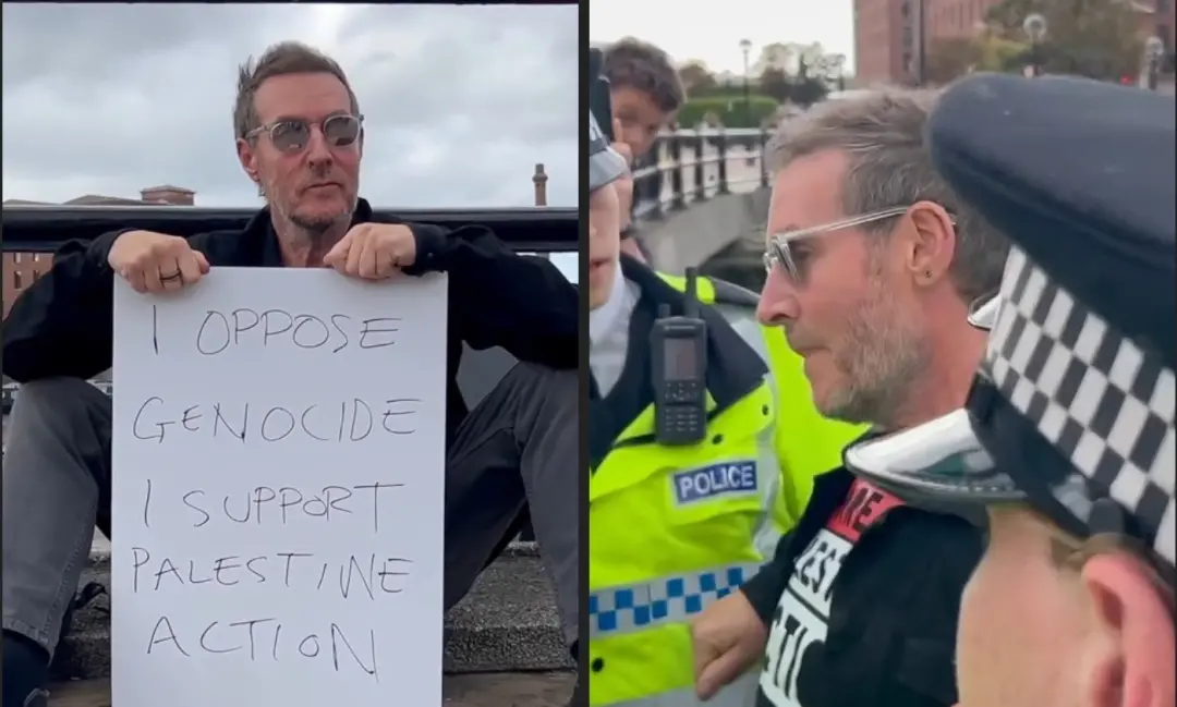 Robert Del Naja, do Massive Attack, foi detido em Liverpool durante um protesto pró-Palestina com uma placa contra o ge…