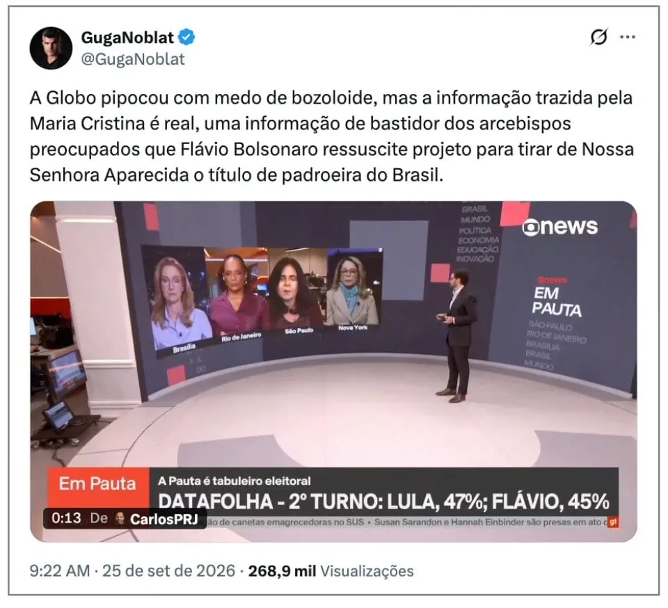 GloboNews corrigiu uma fala de Maria Cristina Fernandes sobre movimento para tirar Nossa Senhora Aparecida de padroeira…