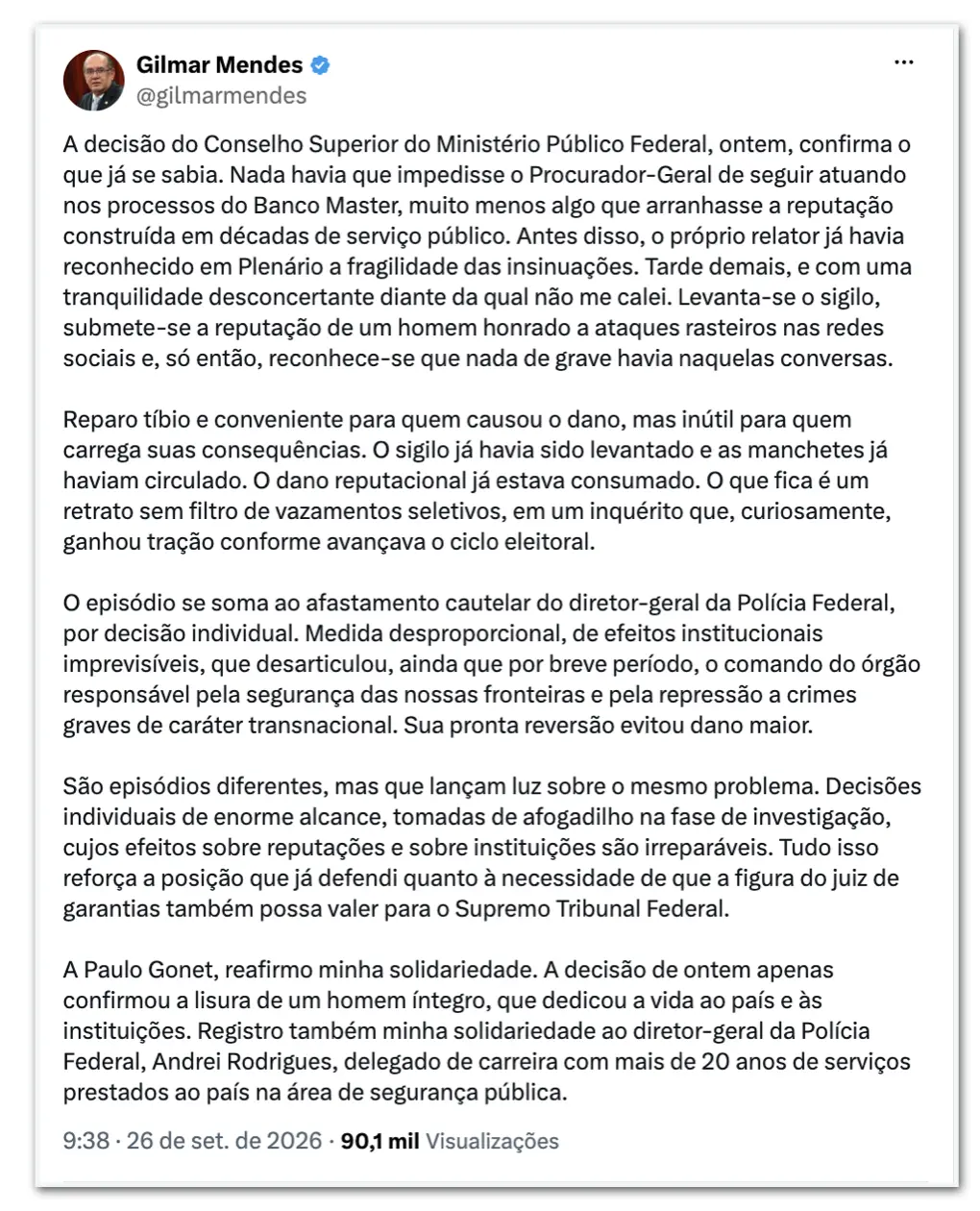 Ministro do STF comemorou a não investigação de Gonet pelo MPF no caso Master. Isso confirma o que já se sabia, mas a p…