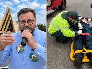 Candidato sofre fratura na clavicula depois de cair de um trio elétrico em Santa Catarina. É preocupante ver o risco ne…
