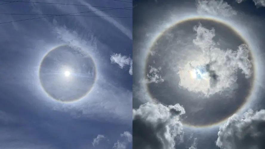 Salvador teve um halo solar com tons de arco-íris nesta sexta. Fenômeno óptico por cristais de gelo na atmosfera, não t…