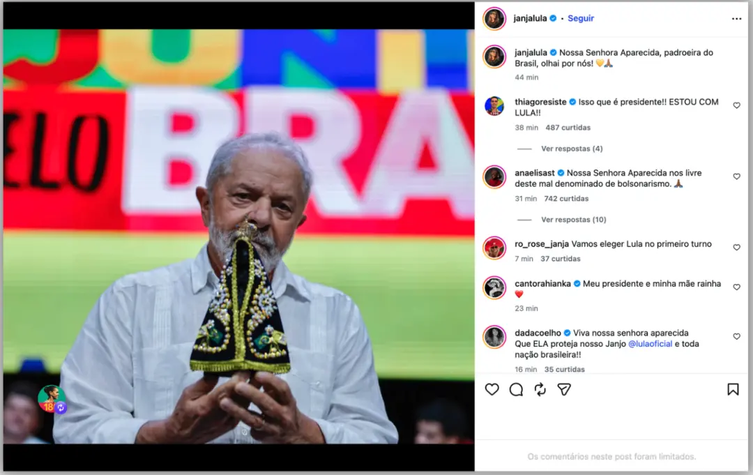 Janja publicou foto de Lula com Nossa Senhora Aparecida depois de fake news falar que Flávio Bolsonaro retiraria o títu…