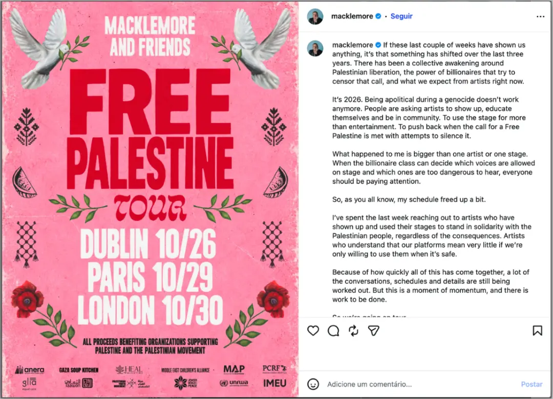 Macklemore vai fazer turnê Free Palestine começando em Dublin, dia 26 de outubro, após ser retirado da turnê de Ed Shee…