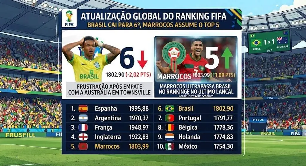 Marrocos ultrapassa o Brasil no ranking da Fifa com 1803,99 pontos, após o empate de 1 a 1 contra a Austrália. A perda …
