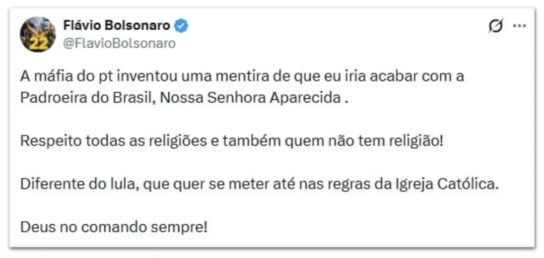 Flávio Bolsonaro negou uma história falsa de que ele quer mudar a padroeira do Brasil Nossa Senhora Aparecida. Ele diss…