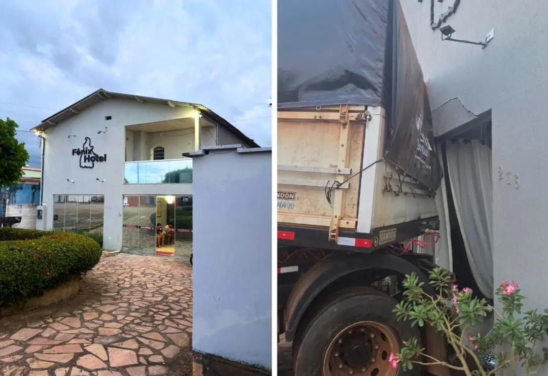 Carreta de um bitrem se soltou e atingiu um hotel em Colinas do Tocantins. Prejuízo inicial estimado em dez mil reais, …