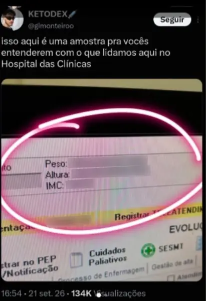 Hospital das Clínicas de Ribeirão Preto viu um médico expor prontuário e fazer piada com paciente de sobrepeso. É muito…