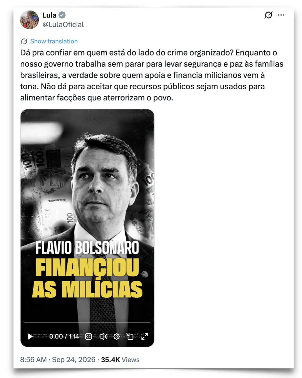 Flávio Bolsonaro ligado ao crime organizado em propaganda eleitoral. Associar ao crime usando trechos de vídeos, como o…