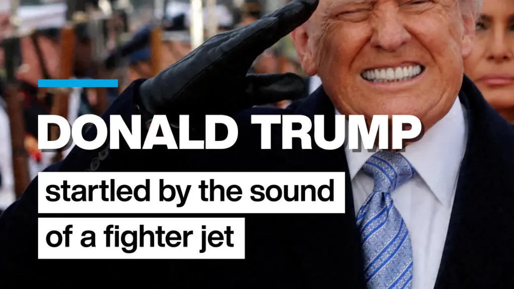 Donald Trump foi pego de surpresa por um jato de caça durante a cerimônia militar no tarmac de um aeroporto perto de Wa…