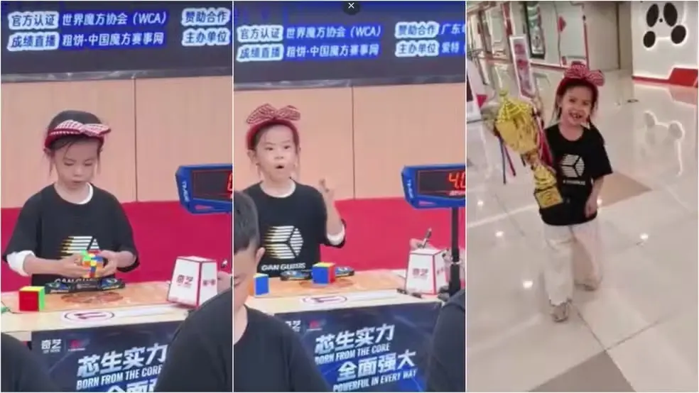 Lian Yunzhi, de 6 anos na China, quebrou o recorde feminino de cubo mágico duas vezes em três dias. É muito impressiona…