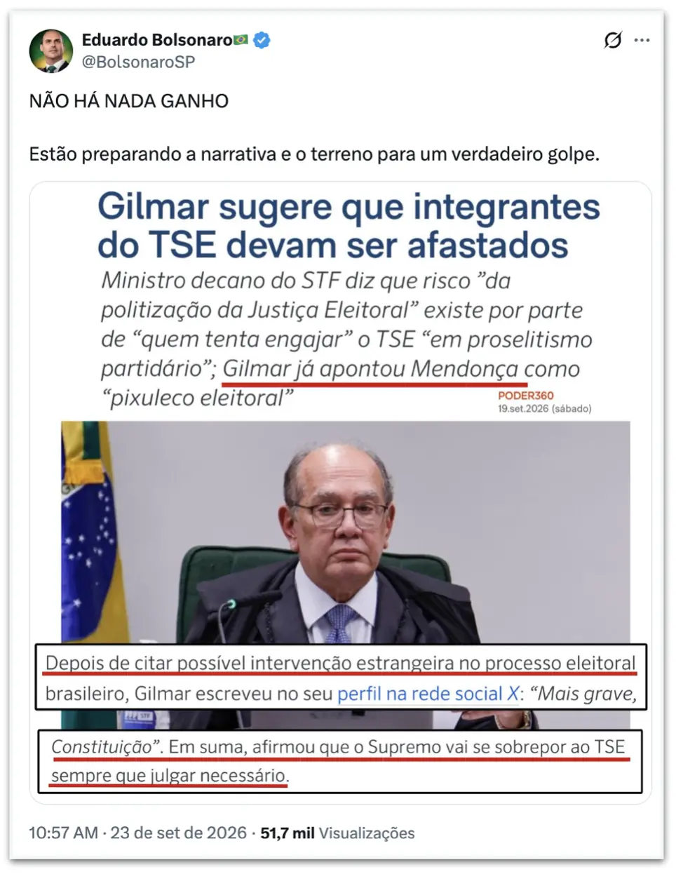 Eduardo Bolsonaro falou que estao preparando um verdadeiro golpe em resposta a Gilmar Mendes sobre o TSE. Acredito que …