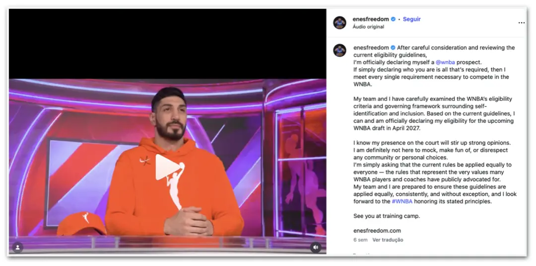 Enes Kanter Freedom e Royce White querem entrar no draft da WNBA, buscando forçar a liga a definir o que é mulher. A au…