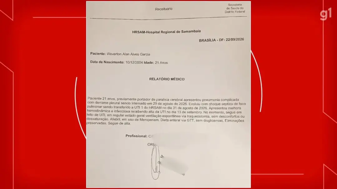 Weverton Alan Alves Garcia, 21 anos, continua na UTI pública do DF mesmo após alta em 13 de setembro. A rede de saúde n…