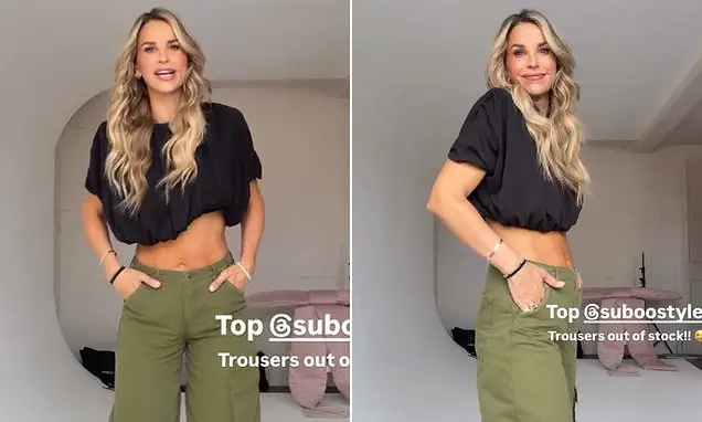 Vogue Williams mostrou abdômen marcado em um top preto no Instagram três semanas depois de parir o quarto filho. É um a…