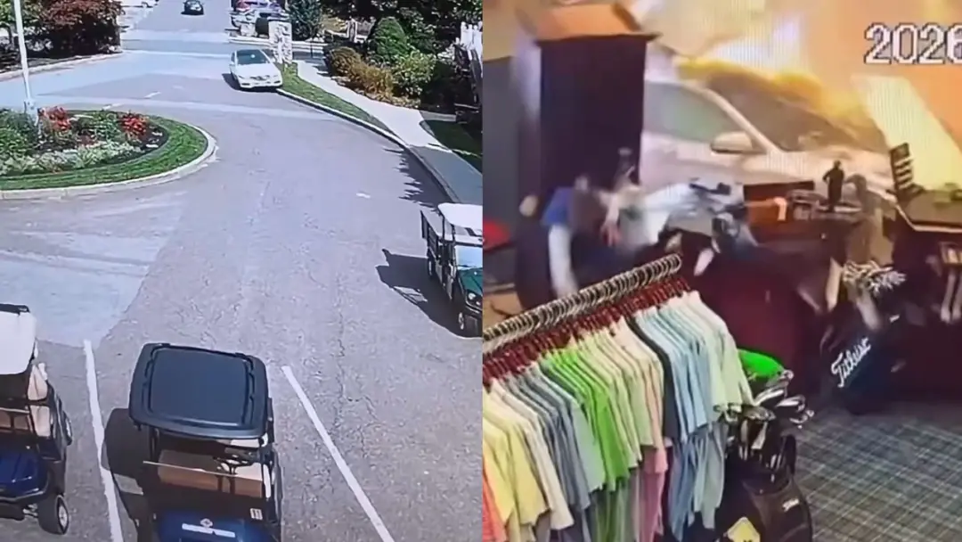 Mercedes branco invadiu um clube de golfe nos Estados Unidos, atingindo carrinhos e atravessando a parede de uma loja e…