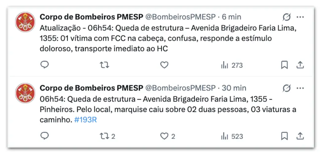 Faria Lima, São Paulo, manhã de terça, marquise cai em cima de duas pessoas. Um ferido foi levado para o Hospital das C…