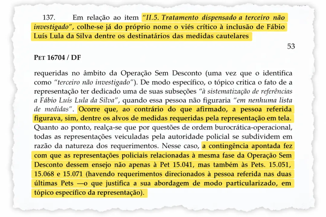 Mendonça contestou Moraes, alegando que documentos da Polícia Federal mostram que Fábio Luís Lula da Silva era alvo de …