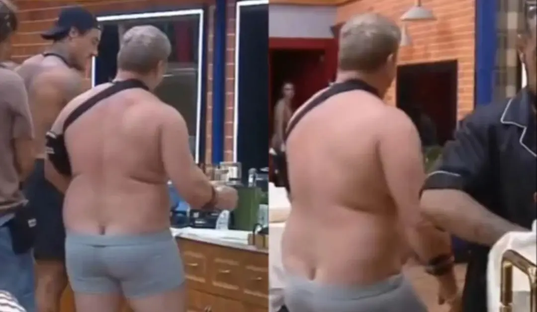 Serginho Cabeção foi repreendido por usar apenas cueca na cozinha de A Fazenda 18 por Murilo Dias. Entendo a cobrança p…