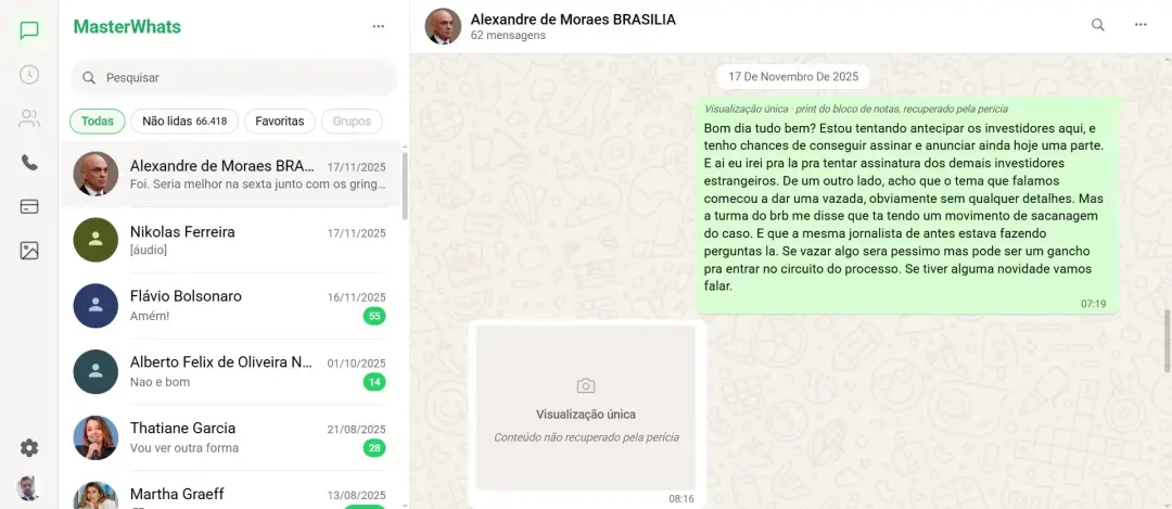 MasterWhats, que junta mais de 65 mil mensagens atribuídas ao Daniel Vorcaro, voltou a funcionar por decisão judicial. …