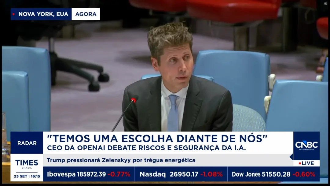 Na ONU, Sam Altman pediu extremo cuidado com o avanço rápido da inteligência artificial. É preciso equilibrar os grande…