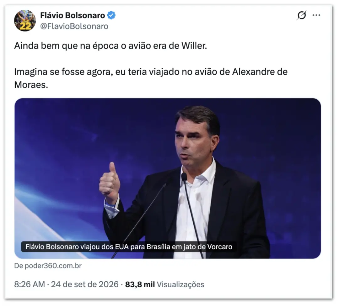Senador Flávio ironizou o uso de jatinho na viagem da Flórida pra Brasília em 19 de janeiro de 2025. Ele comparou com u…
