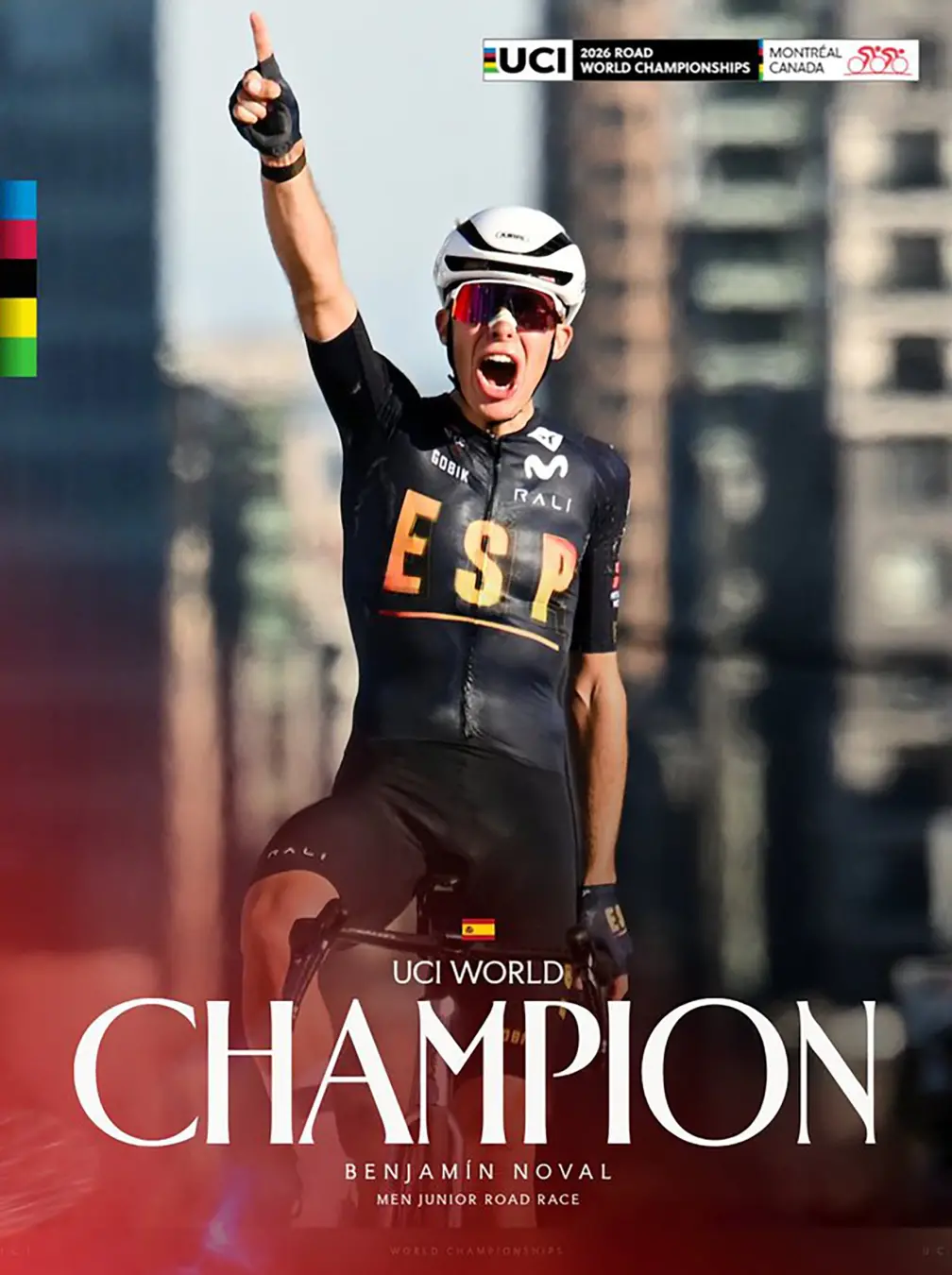 Benjamín Noval venceu o mundial júnior de ciclismo em Montreal com 3 horas, 3 minutos e 36 segundos no percurso de 134 …