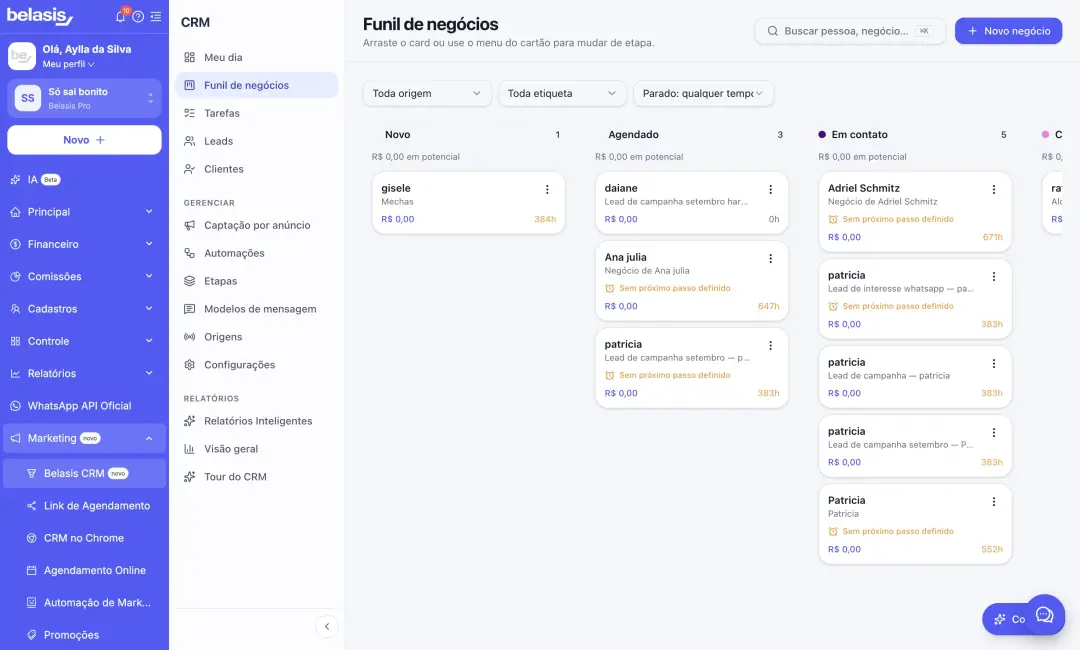 Belasis integra CRM na plataforma para salões e clínicas, organizando contatos e avisando sobre clientes que pararam de…