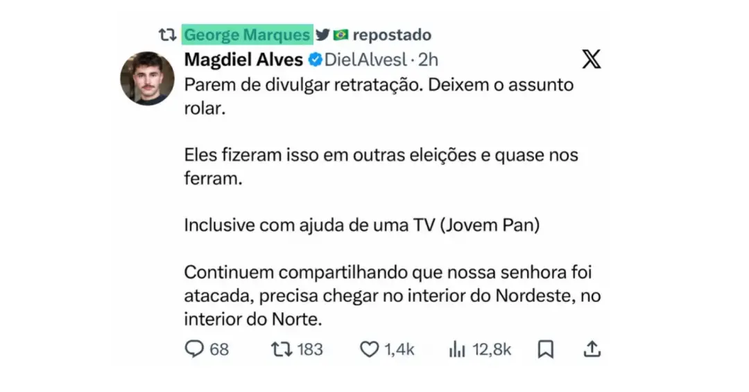 George Marques, do Planalto, repostou uma mensagem defendendo deixar rolar fake news sobre Nossa Senhora Aparecida. Iss…